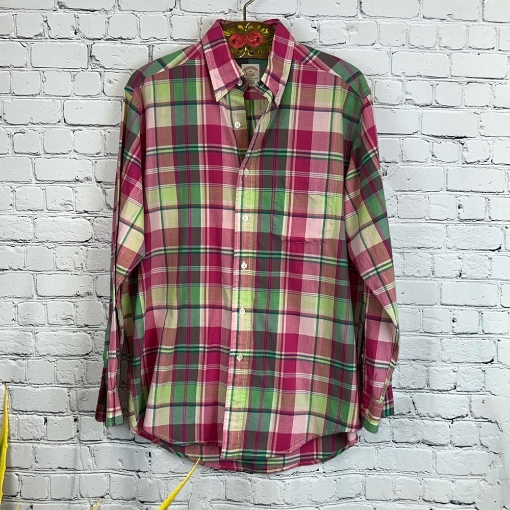 BROOKS BROTHERS Cotton Plaid Dress Shirt Size M